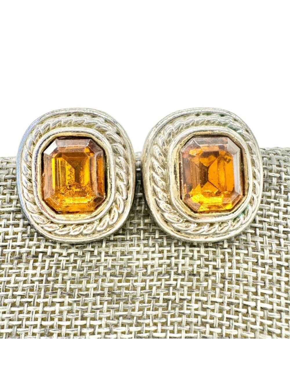Vintage Clip On Earrings Amber Stone Silver Tone Trim Elegant Twist Design 1 in